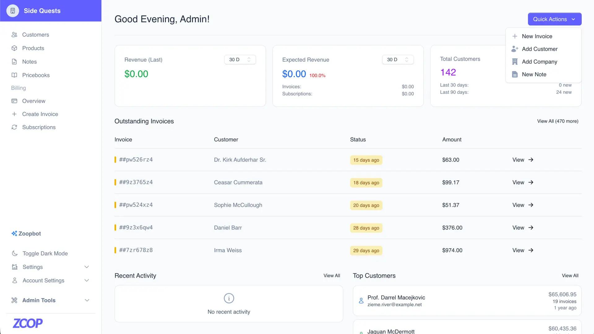 Zoop field service software dashboard showing jobs, money owed, and scheduled work