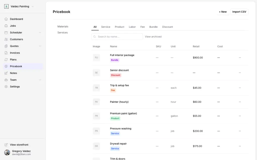 Zoop pricebook catalog with services, products, labor, fees, bundles, and discounts