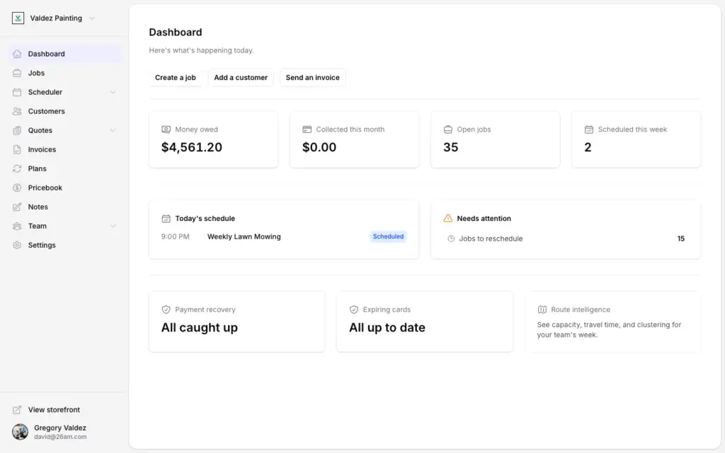 Zoop field service management software dashboard showing money owed, open jobs, and scheduled work