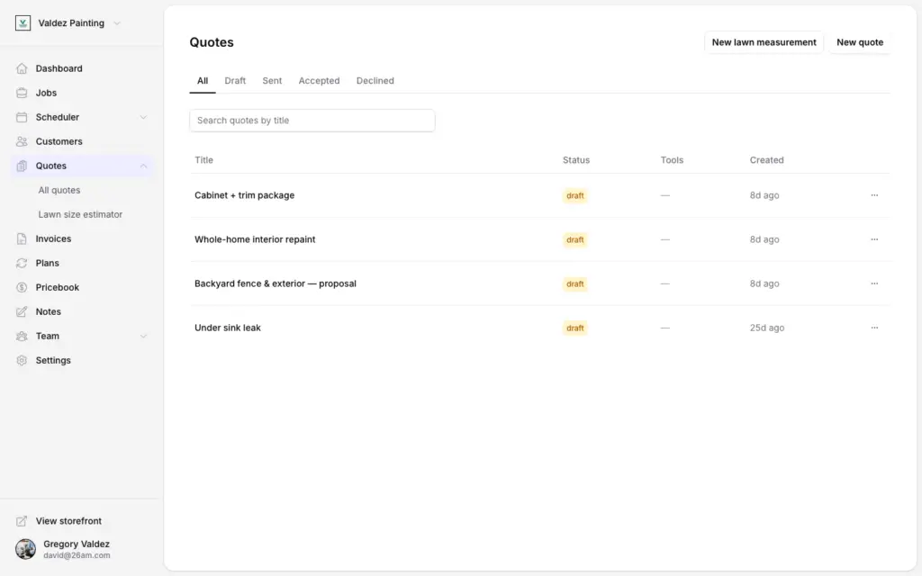 Zoop quotes list showing draft estimates and proposals