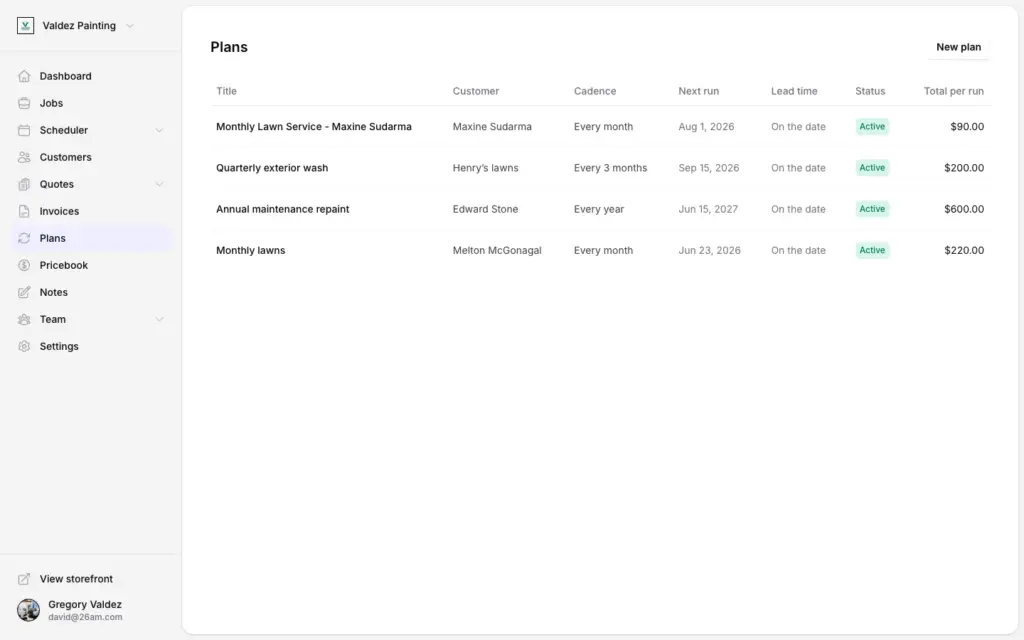 Zoop recurring service plans with cadence, next run, and per-run totals