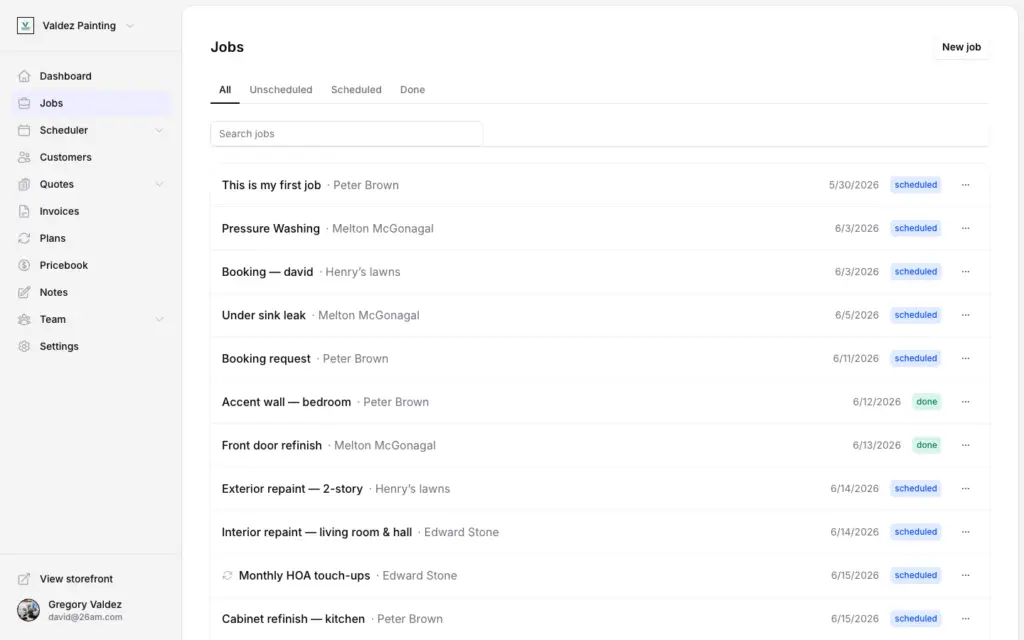 Zoop jobs board showing scheduled, unscheduled, and completed work orders